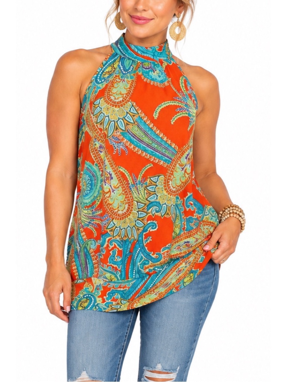 Dots Bright Red & Turquoise Paisley Halter Top- Medium